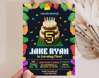 Editable Building Block Party Editable Invitations Bricks Birthday Printable Invitation Instant Download, Editable Canva Template BB1