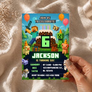 Pixel Block Birthday Party Invitation Template, MineCraffterr Boys Birthday Party Invite, Gamer Invitation, High Quality Canva Template