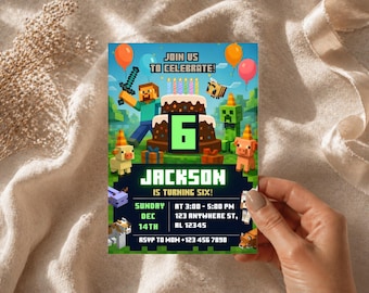 Pixel Block Birthday Party Invitation Template, MineCraffterr Boys Birthday Party Invite, Gamer Invitation, High Quality Canva Template