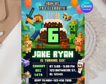 Pixel Block Birthday Party Invitation Template, MineCraffterr Boys Birthday Party Invite, Gamer Invitation, High Quality Canva Template