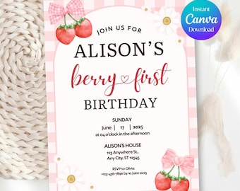 Berry First Birthday Invitation Template, Editable Canva Template(Digital Download)