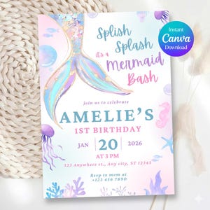 Premium Sparkle Splish Splash Mermaid Bash Party Invitation, Pool Girl Birthday Invite, Under The Sea, Mermaid Pink Purple, Canva Template