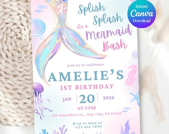Premium Sparkle Splish Splash Mermaid Bash Party Invitation, Pool Girl Birthday Invite, Under The Sea, Mermaid Pink Purple, Canva Template