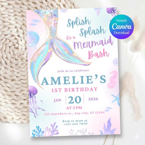 Premium Sparkle Splish Splash Mermaid Bash Party Invitation, Pool Girl Birthday Invite, Under The Sea, Mermaid Pink Purple, Canva Template