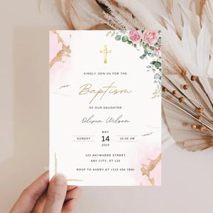 Premium Modern Christening Invitation, Girl Baptism Invitation, Pink Christening Invite, Pink Watercolor Girls Gold Evite, Canva Template