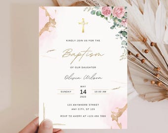 Premium Modern Christening Invitation, Girl Baptism Invitation, Pink Christening Invite, Pink Watercolor Girls Gold Evite, Canva Template