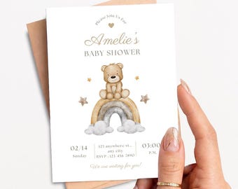 Editable Bear Baby Shower Invitation, Boho Rainbow Canva Template (Digital Download)