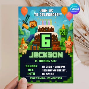 Pixel Block Birthday Party Invitation Template, MineCraffterr Boys Birthday Party Invite, Gamer Invitation, High Quality Canva Template