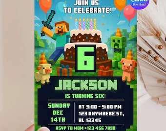 Pixel Block Birthday Party Invitation Template, MineCraffterr Boys Birthday Party Invite, Gamer Invitation, High Quality Canva Template