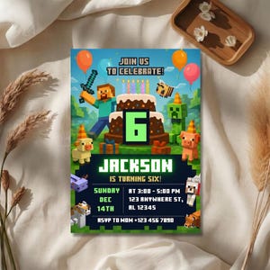 Pixel Block Birthday Party Invitation Template, MineCraffterr Boys Birthday Party Invite, Gamer Invitation, High Quality Canva Template