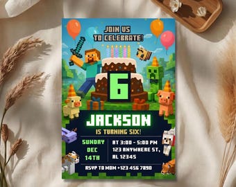 Pixel Block Birthday Party Invitation Template, MineCraffterr Boys Birthday Party Invite, Gamer Invitation, High Quality Canva Template