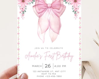 Premium Blush Pink Bow Invitation Editable Elegant Watercolor Coquette Bow Invitation Invite Pink Ribbon, Editable Canva Template v1