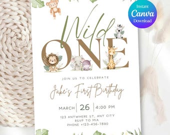 Wild One Safari First Birthday Invitation, Jungle Animals Party (Canva Template)