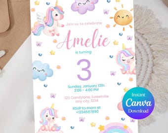Premium Unicorn Birthday Invitation Magical Pastel Rainbow Unicorn Birthday Party Unicorn Princess Canva Template, Editable Canva Template