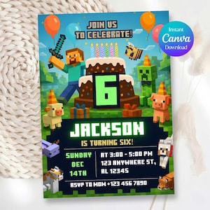 Pixel Block Birthday Party Invitation Template, MineCraffterr Boys Birthday Party Invite, Gamer Invitation, High Quality Canva Template