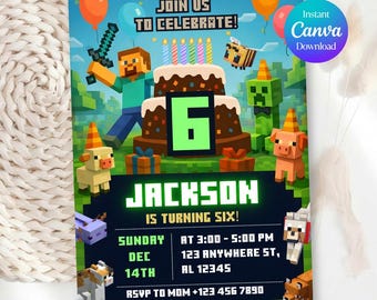 Pixel Block Birthday Party Invitation Template, MineCraffterr Boys Birthday Party Invite, Gamer Invitation, High Quality Canva Template