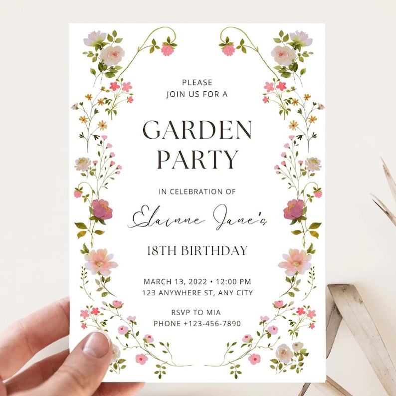 May include: A white invitation card with floral border. The text reads "GARDEN PARTY" and "18TH BIRTHDAY". Additional text includes date, time, address, and RSVP information. The card is decorated with pink and white flowers.
