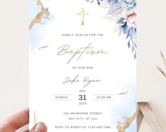 Premium Modern Christening Invitation, Boy Baptism Invitation, Blue Christening Invite, Blue Watercolor Boys Blue Gold Evite, Canva Template