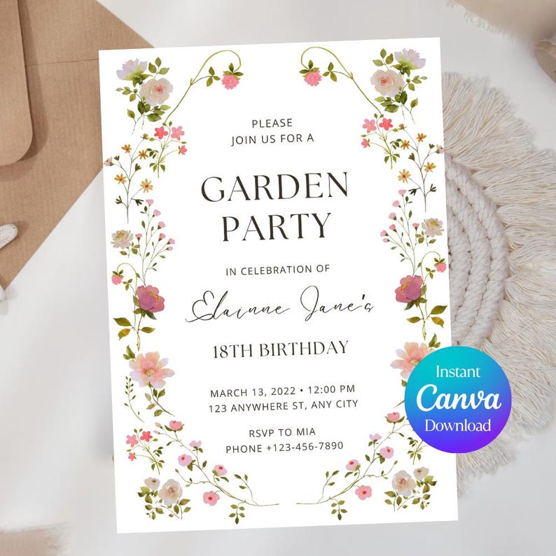 May include: White invitation card for a garden party, framed with floral vines and blossoms in pink, peach, and yellow. Text includes "Garden Party," "18th Birthday," and event details. A blue and green circle says "Instant Canva Download."