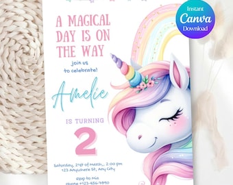 Pastel Rainbow Unicorn Birthday Invitation, Girl 2nd Bday Canva Template(Digital Download)