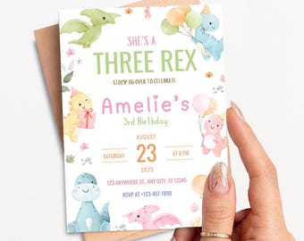 Premium Pastel Dinosaur Birthday Invitation Girl Three Rex Dinosaur Birthday Party Invitation Dino Pink , Editable Canva Template DINO2
