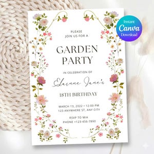 Premium Wildflower Birthday Invitation Garden Party Invite Girl 16th 17th 18th 21st Birthday Floral Flowers, Editable Canva Template GD1 image 1