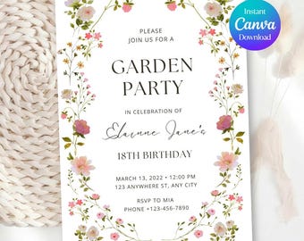 Premium Wildflower Birthday Invitation Garden Party Invite Girl 16th 17th 18th 21st Birthday Floral Flowers, Editable Canva Template GD1
