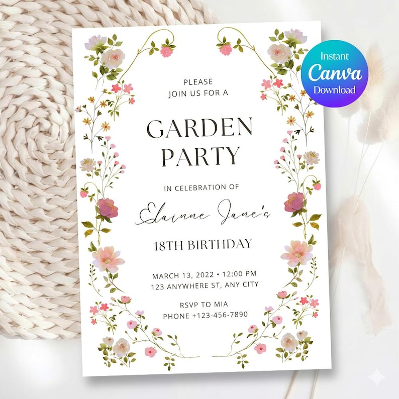 Premium Wildflower Birthday Invitation Garden Party Invite Girl 16th 17th 18th 21st Birthday Floral Flowers, Editable Canva Template GD1 image 1
