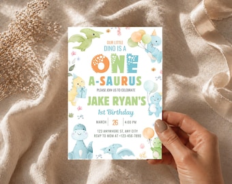 Premium Pastel Little Dinosaur Birthday Invitation Boy Three Rex Dinosaur Birthday Party Invitation Dino Blue, Editable Canva Template DINO4