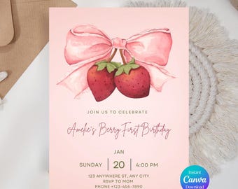 Beere Erster Geburtstag Einladung, 1. Geburtstag Mädchen Einladung, Baby-Geburtstags-Einladung, Coquette Bow, Canva Vorlage, digitaler Download
