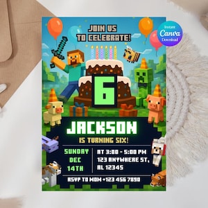 ピクセルブロックの誕生日パーティー招待状テンプレート、MineCraffterrの男の子向け誕生日パーティー招待状、ゲーマー向け招待状、高品質Canvaテンプレート