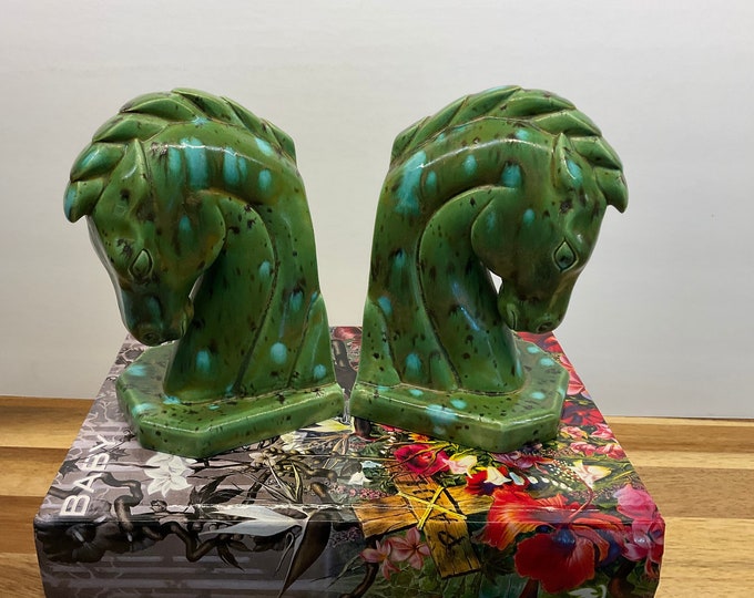 BOOKENDS Horse Head Vintage Drip Glaze Pair, SET of TWO 1970s Art Deco Horse Head Bookends