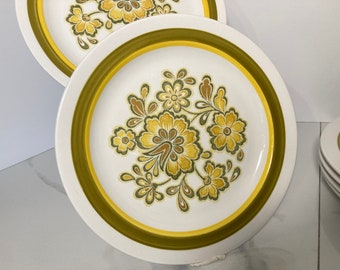 Plates by Noritake Craftone JAPAN, Set of 9 Plates Model Rumba 8759, Vintage 70s Style Floral Green Yellow Pattern Print Plates, Earth Tones
