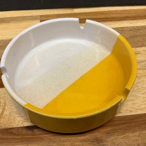 Vintage Stoneware Ashtray: Retro Yellow & White Striped Ceramic, Made in Japan