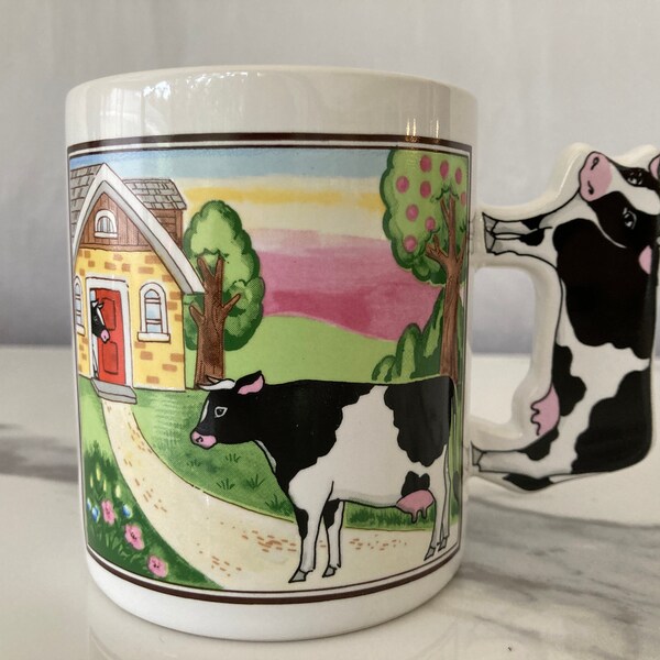 Vintage, Black & White Holstein Cows Ceramic Coffee Cup Mug with Cow-Shaped Handle, kitschy, farmhouse decor, country, 1 available
