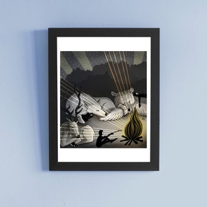 Hideout art print Daphna Kato illustratie vigilantes nacht slaap kampvuur camping beer herten wolf marshmallow A4 image 8