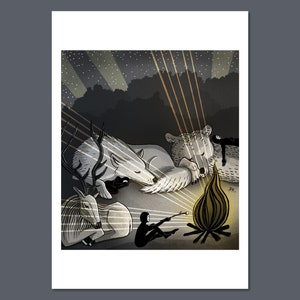 Hideout art print Daphna Kato illustratie vigilantes nacht slaap kampvuur camping beer herten wolf marshmallow A4 image 1