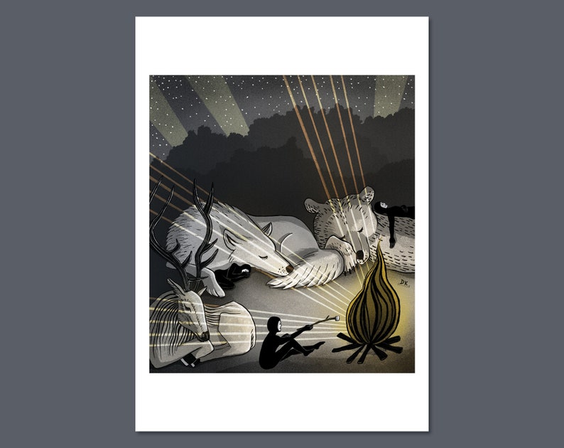 Hideout art print Daphna Kato illustratie vigilantes nacht slaap kampvuur camping beer herten wolf marshmallow A4 image 1