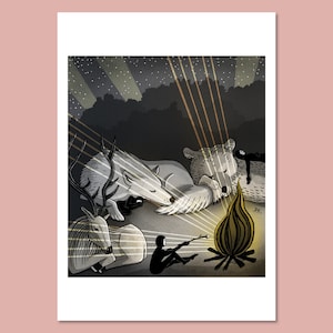 Hideout art print Daphna Kato illustratie vigilantes nacht slaap kampvuur camping beer herten wolf marshmallow A4 image 9