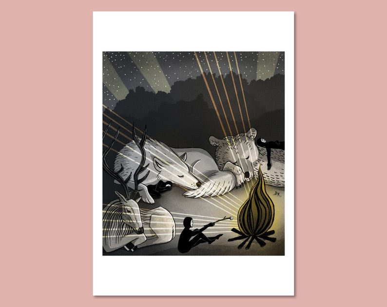 Hideout art print Daphna Kato illustratie vigilantes nacht slaap kampvuur camping beer herten wolf marshmallow A4 image 9