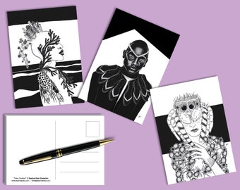 Fake Fashion postcard set  |  Daphna Kato illustration coral sandals spiders black&white (3xA6)