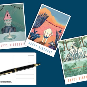 Jeu de cartes postales joyeux anniversaire |  Daphna Kato illustration oiseaux nageant animaux (3xA6)