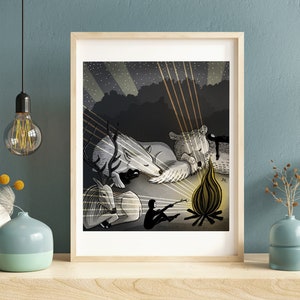 Hideout art print Daphna Kato illustratie vigilantes nacht slaap kampvuur camping beer herten wolf marshmallow A4 image 3