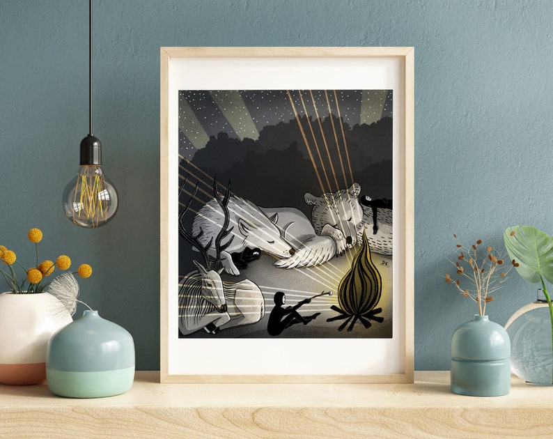 Hideout art print Daphna Kato illustratie vigilantes nacht slaap kampvuur camping beer herten wolf marshmallow A4 image 3