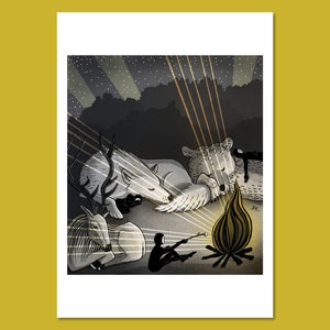 Hideout art print Daphna Kato illustratie vigilantes nacht slaap kampvuur camping beer herten wolf marshmallow A4 image 4