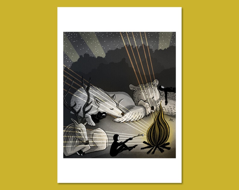 Hideout art print Daphna Kato illustratie vigilantes nacht slaap kampvuur camping beer herten wolf marshmallow A4 image 4