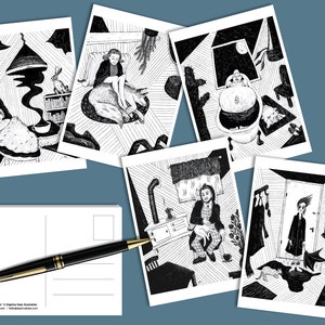 Ensemble de cartes postales Heureux d'être à la maison |  Daphna Kato illustration animaux de compagnie chiens chats style lino noir et blanc confortable (5xA6)