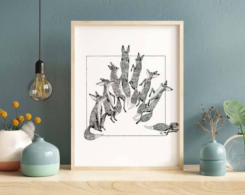 Foxes art print Daphna Kato illustration black&white A4 image 3