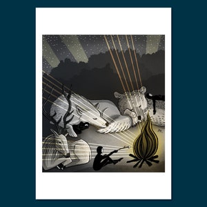 Hideout art print Daphna Kato illustratie vigilantes nacht slaap kampvuur camping beer herten wolf marshmallow A4 image 7