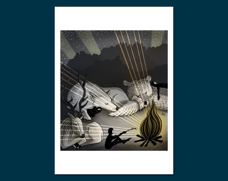 Hideout art print Daphna Kato illustratie vigilantes nacht slaap kampvuur camping beer herten wolf marshmallow A4 image 7